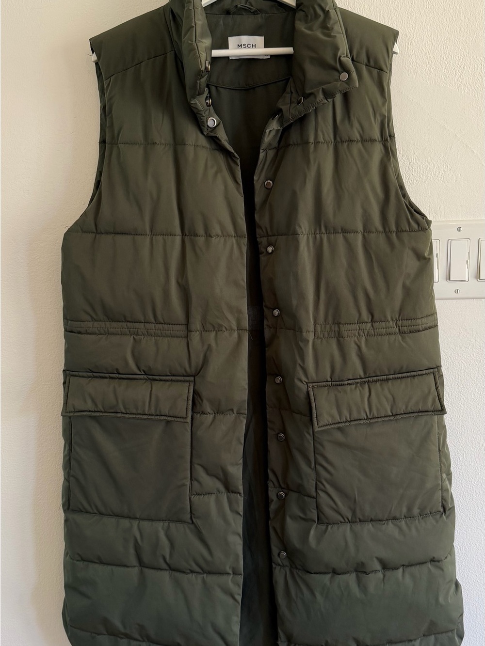 MSCH Copenhagen Long Olive Green Quilted Puffer Vest - Sleeveless Layering Coat